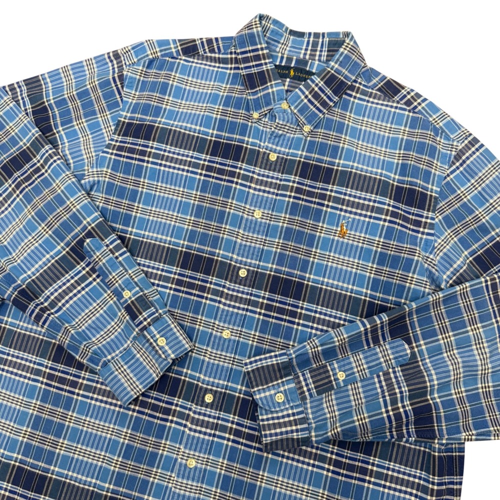 Ralph Lauren Button Down Shirt Mens XXL Blue Plaid Long Sleeve Cotton Pony Logo